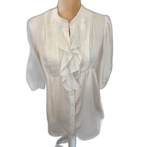 Maurices Women’s White Ruffle Front Blouse Top Size XS 3/4 Sleeve Pintuck